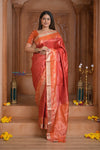 Shubh Lakshmi ~ Handloom High Quality Pure Soft Silk Saree in Red and Orange (Silk Mark Certified) - verymuchindian.com