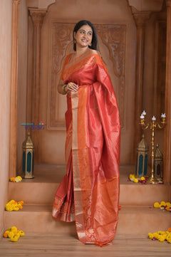 Shubh Lakshmi ~ Handloom High Quality Pure Soft Silk Saree in Red and Orange (Silk Mark Certified) - verymuchindian.com