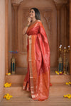 Shubh Lakshmi ~ Handloom High Quality Pure Soft Silk Saree in Red and Orange (Silk Mark Certified) - verymuchindian.com