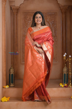 Shubh Lakshmi ~ Handloom High Quality Pure Soft Silk Saree in Red and Orange (Silk Mark Certified) - verymuchindian.com