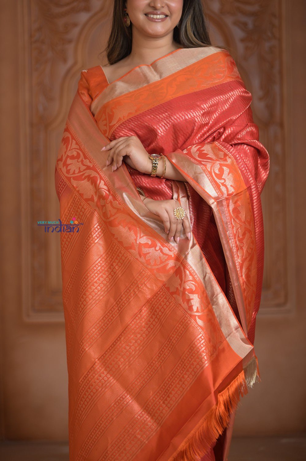 Shubh Lakshmi ~ Handloom High Quality Pure Soft Silk Saree in Red and Orange (Silk Mark Certified) - verymuchindian.com