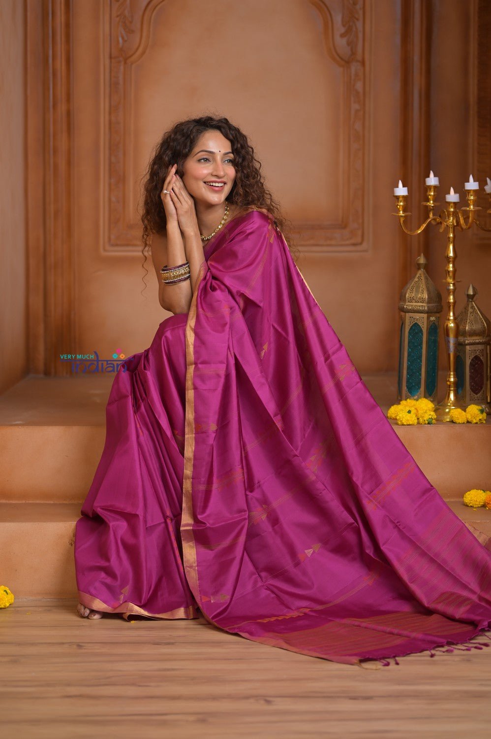 Shubh Lakshmi ~ Handloom High Quality Pure Soft Silk Saree in Rose Pink and Gold (Silk Mark Certified) - verymuchindian.com