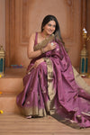 Shubh Lakshmi ~ Handloom High Quality Pure Soft Silk Saree in Rose Pink and Gold (Silk Mark Certified) - verymuchindian.com