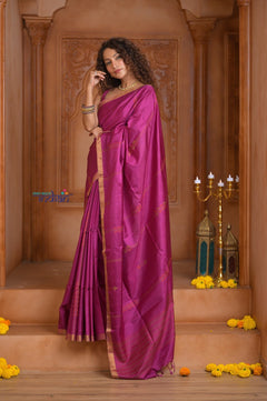 Shubh Lakshmi ~ Handloom High Quality Pure Soft Silk Saree in Rose Pink and Gold (Silk Mark Certified) - verymuchindian.com