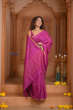 Shubh Lakshmi ~ Handloom High Quality Pure Soft Silk Saree in Rose Pink and Gold (Silk Mark Certified) - verymuchindian.com
