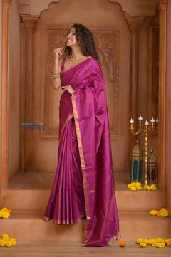 Shubh Lakshmi ~ Handloom High Quality Pure Soft Silk Saree in Rose Pink and Gold (Silk Mark Certified) - verymuchindian.com
