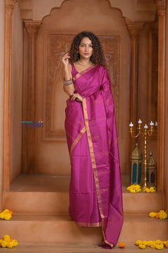 Shubh Lakshmi ~ Handloom High Quality Pure Soft Silk Saree in Rose Pink and Gold (Silk Mark Certified) - verymuchindian.com
