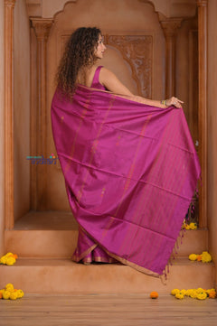 Shubh Lakshmi ~ Handloom High Quality Pure Soft Silk Saree in Rose Pink and Gold (Silk Mark Certified) - verymuchindian.com