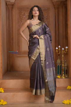 Shubh Lakshmi ~ Handloom High Quality Pure Soft Silk Saree in Sandstone Black and Gold (Silk Mark Certified) - verymuchindian.com