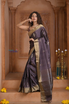 Shubh Lakshmi ~ Handloom High Quality Pure Soft Silk Saree in Sandstone Black and Gold (Silk Mark Certified) - verymuchindian.com