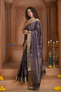 Shubh Lakshmi ~ Handloom High Quality Pure Soft Silk Saree in Sandstone Black and Gold (Silk Mark Certified) - verymuchindian.com