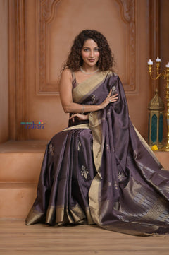 Shubh Lakshmi ~ Handloom High Quality Pure Soft Silk Saree in Sandstone Black and Gold (Silk Mark Certified) - verymuchindian.com