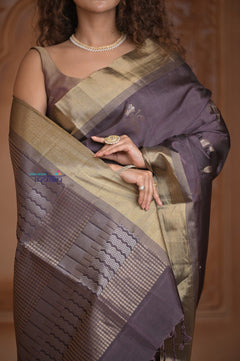 Shubh Lakshmi ~ Handloom High Quality Pure Soft Silk Saree in Sandstone Black and Gold (Silk Mark Certified) - verymuchindian.com
