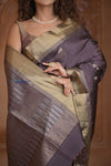 Shubh Lakshmi ~ Handloom High Quality Pure Soft Silk Saree in Sandstone Black and Gold (Silk Mark Certified) - verymuchindian.com