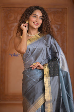 Shubh Lakshmi ~ Handloom High Quality Pure Soft Silk Saree in Sandstone Grey (Silk Mark Certified) - verymuchindian.com