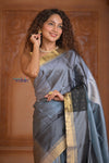 Shubh Lakshmi ~ Handloom High Quality Pure Soft Silk Saree in Sandstone Grey (Silk Mark Certified) - verymuchindian.com