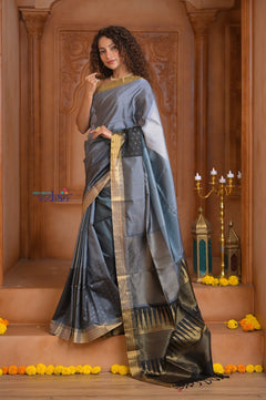 Shubh Lakshmi ~ Handloom High Quality Pure Soft Silk Saree in Sandstone Grey (Silk Mark Certified) - verymuchindian.com