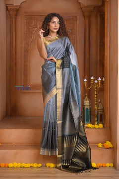Shubh Lakshmi ~ Handloom High Quality Pure Soft Silk Saree in Sandstone Grey (Silk Mark Certified) - verymuchindian.com