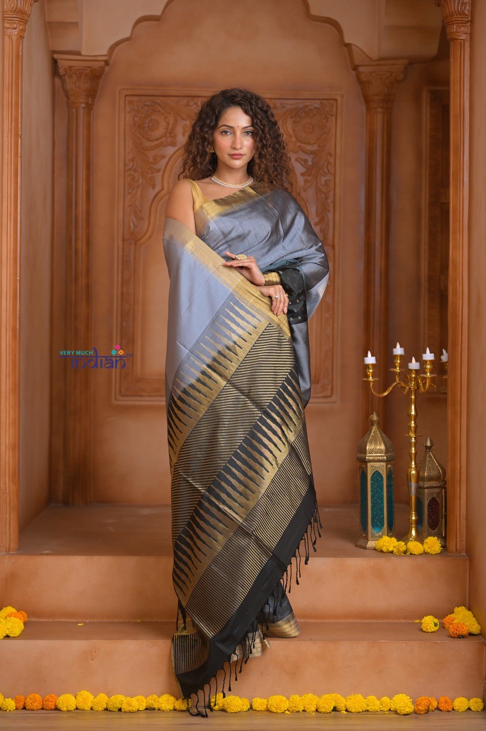 Shubh Lakshmi ~ Handloom High Quality Pure Soft Silk Saree in Sandstone Grey (Silk Mark Certified) - verymuchindian.com