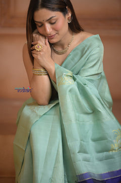 Shubh Lakshmi ~ Handloom High Quality Pure Soft Silk Saree in Sea Green and Dark Blue (Silk Mark Certified) - verymuchindian.com