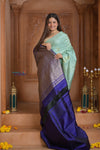 Shubh Lakshmi ~ Handloom High Quality Pure Soft Silk Saree in Sea Green and Dark Blue (Silk Mark Certified) - verymuchindian.com