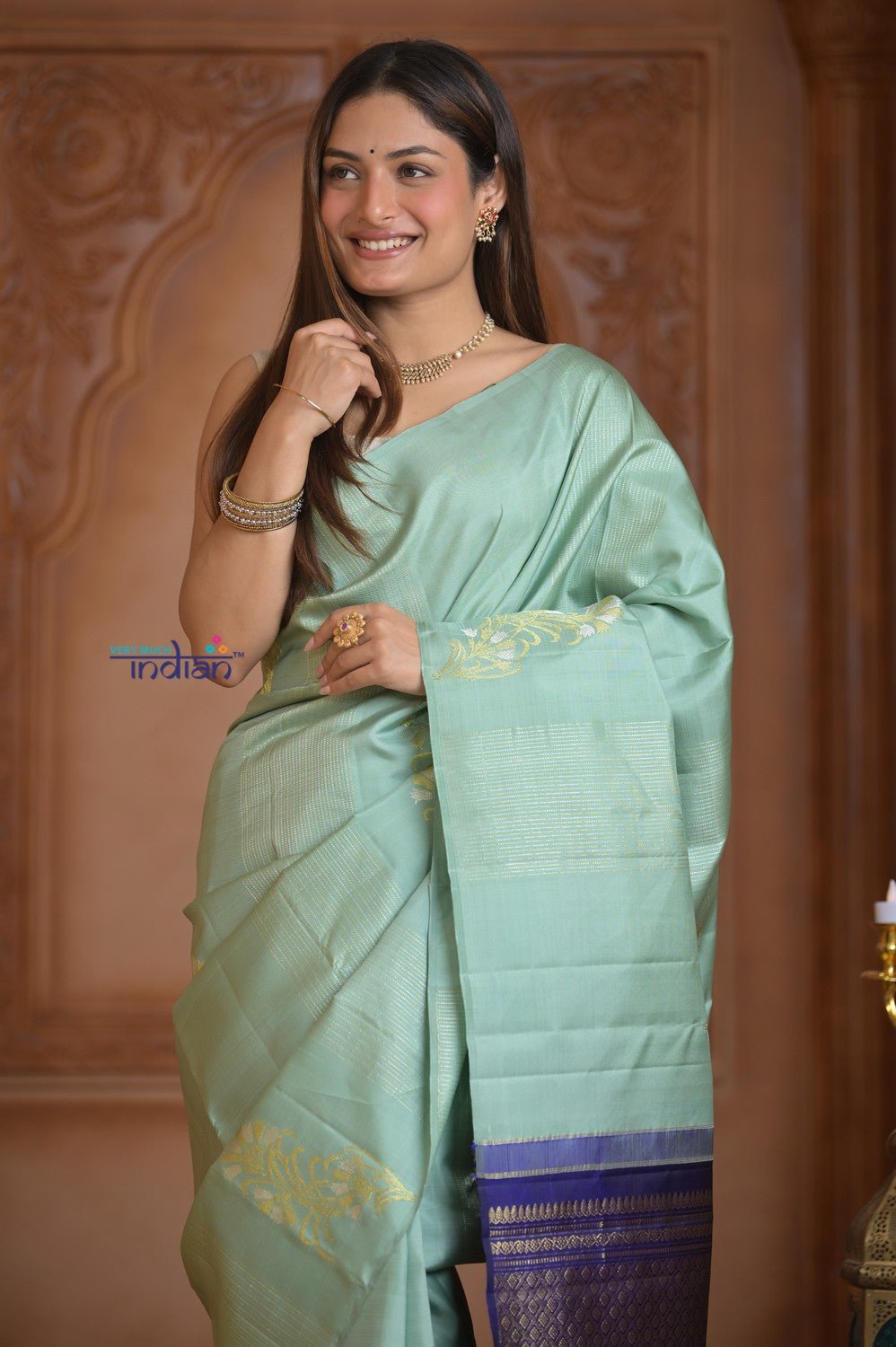 Shubh Lakshmi ~ Handloom High Quality Pure Soft Silk Saree in Sea Green and Dark Blue (Silk Mark Certified) - verymuchindian.com