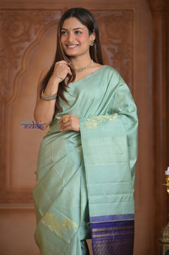 Shubh Lakshmi ~ Handloom High Quality Pure Soft Silk Saree in Sea Green and Dark Blue (Silk Mark Certified) - verymuchindian.com
