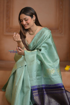 Shubh Lakshmi ~ Handloom High Quality Pure Soft Silk Saree in Sea Green and Dark Blue (Silk Mark Certified) - verymuchindian.com