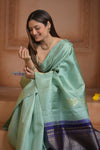 Shubh Lakshmi ~ Handloom High Quality Pure Soft Silk Saree in Sea Green and Dark Blue (Silk Mark Certified) - verymuchindian.com