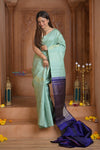 Shubh Lakshmi ~ Handloom High Quality Pure Soft Silk Saree in Sea Green and Dark Blue (Silk Mark Certified) - verymuchindian.com
