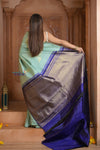 Shubh Lakshmi ~ Handloom High Quality Pure Soft Silk Saree in Sea Green and Dark Blue (Silk Mark Certified) - verymuchindian.com