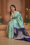 Shubh Lakshmi ~ Handloom High Quality Pure Soft Silk Saree in Sea Green and Dark Blue (Silk Mark Certified) - verymuchindian.com