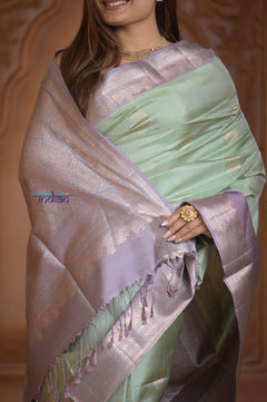 Shubh Lakshmi ~ Handloom High Quality Pure Soft Silk Saree in Sea Green and Lilac (Silk Mark Certified) - verymuchindian.com