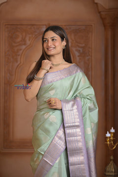 Shubh Lakshmi ~ Handloom High Quality Pure Soft Silk Saree in Sea Green and Lilac (Silk Mark Certified) - verymuchindian.com