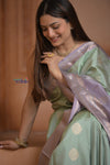 Shubh Lakshmi ~ Handloom High Quality Pure Soft Silk Saree in Sea Green and Lilac (Silk Mark Certified) - verymuchindian.com