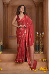 Shubh Lakshmi ~ Handloom High Quality Pure Soft Silk Saree in Shades Creulean Red (Silk Mark Certified) - verymuchindian.com