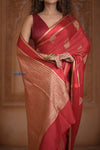 Shubh Lakshmi ~ Handloom High Quality Pure Soft Silk Saree in Shades Creulean Red (Silk Mark Certified) - verymuchindian.com