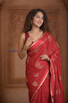 Shubh Lakshmi ~ Handloom High Quality Pure Soft Silk Saree in Shades Creulean Red (Silk Mark Certified) - verymuchindian.com