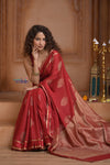Shubh Lakshmi ~ Handloom High Quality Pure Soft Silk Saree in Shades Creulean Red (Silk Mark Certified) - verymuchindian.com