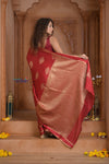 Shubh Lakshmi ~ Handloom High Quality Pure Soft Silk Saree in Shades Creulean Red (Silk Mark Certified) - verymuchindian.com