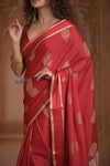 Shubh Lakshmi ~ Handloom High Quality Pure Soft Silk Saree in Shades Creulean Red (Silk Mark Certified) - verymuchindian.com