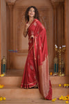 Shubh Lakshmi ~ Handloom High Quality Pure Soft Silk Saree in Shades Creulean Red (Silk Mark Certified) - verymuchindian.com