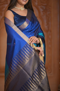 Shubh Lakshmi ~ Handloom High Quality Pure Soft Silk Saree in Shades of Blue (Silk Mark Certified) - verymuchindian.com