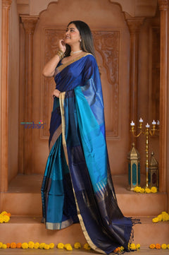 Shubh Lakshmi ~ Handloom High Quality Pure Soft Silk Saree in Shades of Blue (Silk Mark Certified) - verymuchindian.com
