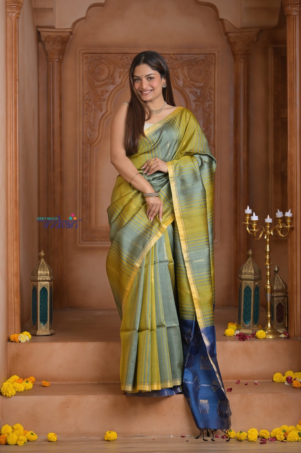 Shubh Lakshmi ~ Handloom High Quality Pure Soft Silk Saree in Shades of Green and Blue (Silk Mark Certified) - verymuchindian.com