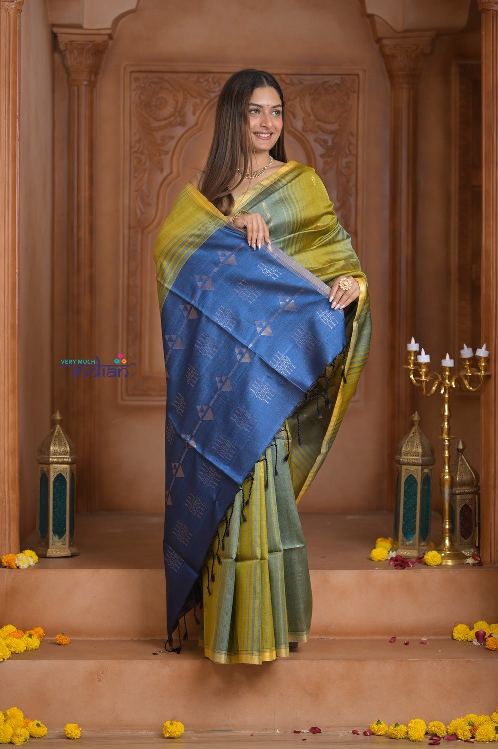 Shubh Lakshmi ~ Handloom High Quality Pure Soft Silk Saree in Shades of Green and Blue (Silk Mark Certified) - verymuchindian.com