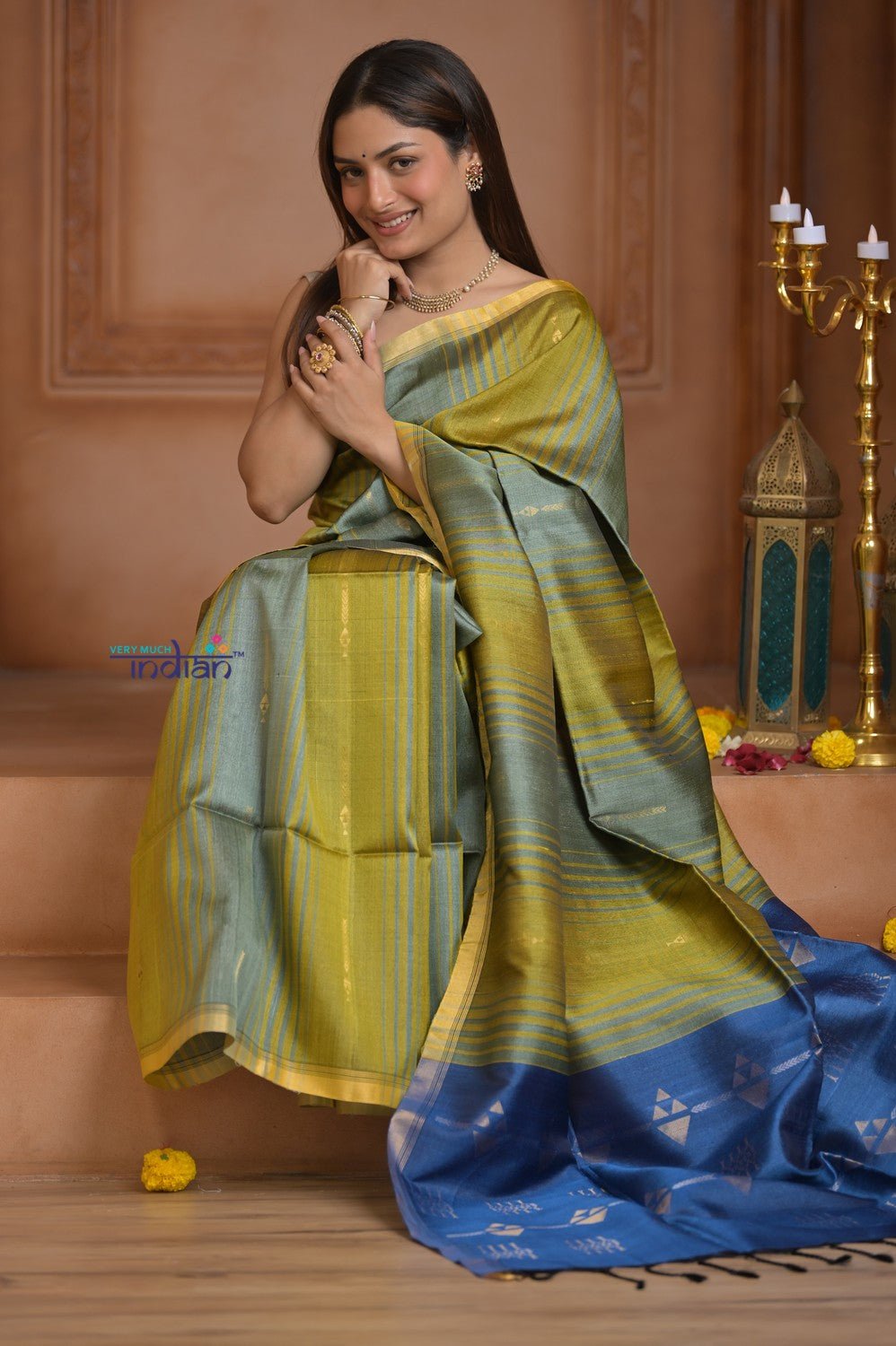 Shubh Lakshmi ~ Handloom High Quality Pure Soft Silk Saree in Shades of Green and Blue (Silk Mark Certified) - verymuchindian.com