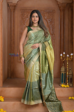 Shubh Lakshmi ~ Handloom High Quality Pure Soft Silk Saree in Shades of Green (Silk Mark Certified) - verymuchindian.com