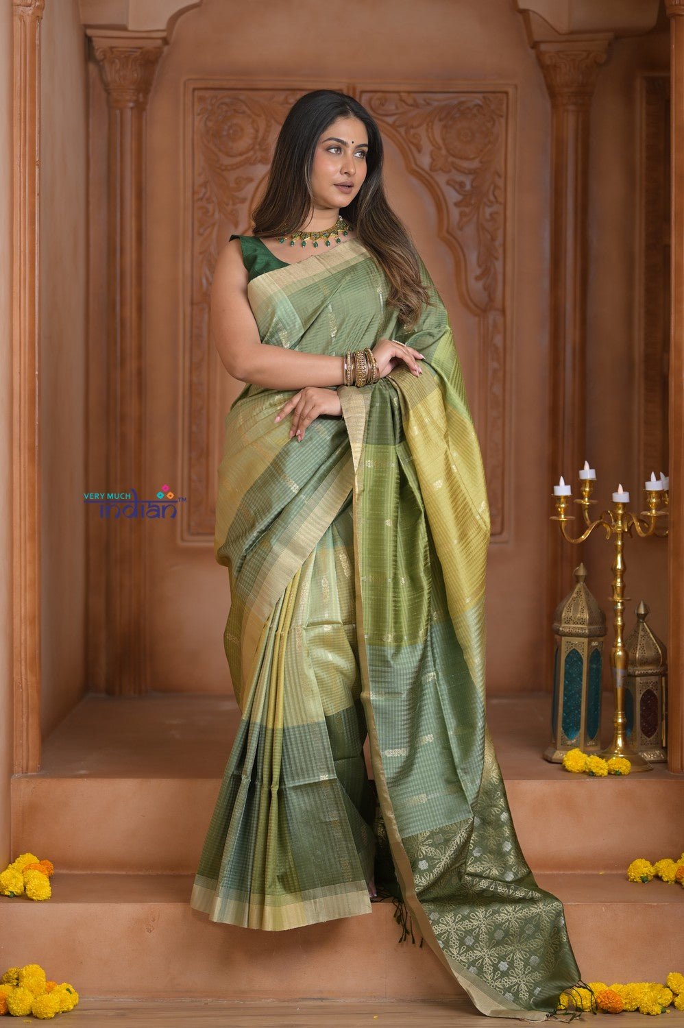 Shubh Lakshmi ~ Handloom High Quality Pure Soft Silk Saree in Shades of Green (Silk Mark Certified) - verymuchindian.com
