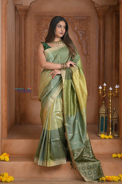 Shubh Lakshmi ~ Handloom High Quality Pure Soft Silk Saree in Shades of Green (Silk Mark Certified) - verymuchindian.com